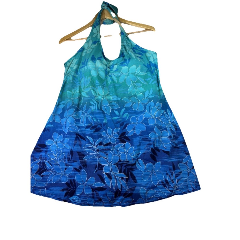 ISLANDER 1 Piece Bathing Suit Skirt Blue Tropical SIZE 18 Halter Top Padded‎